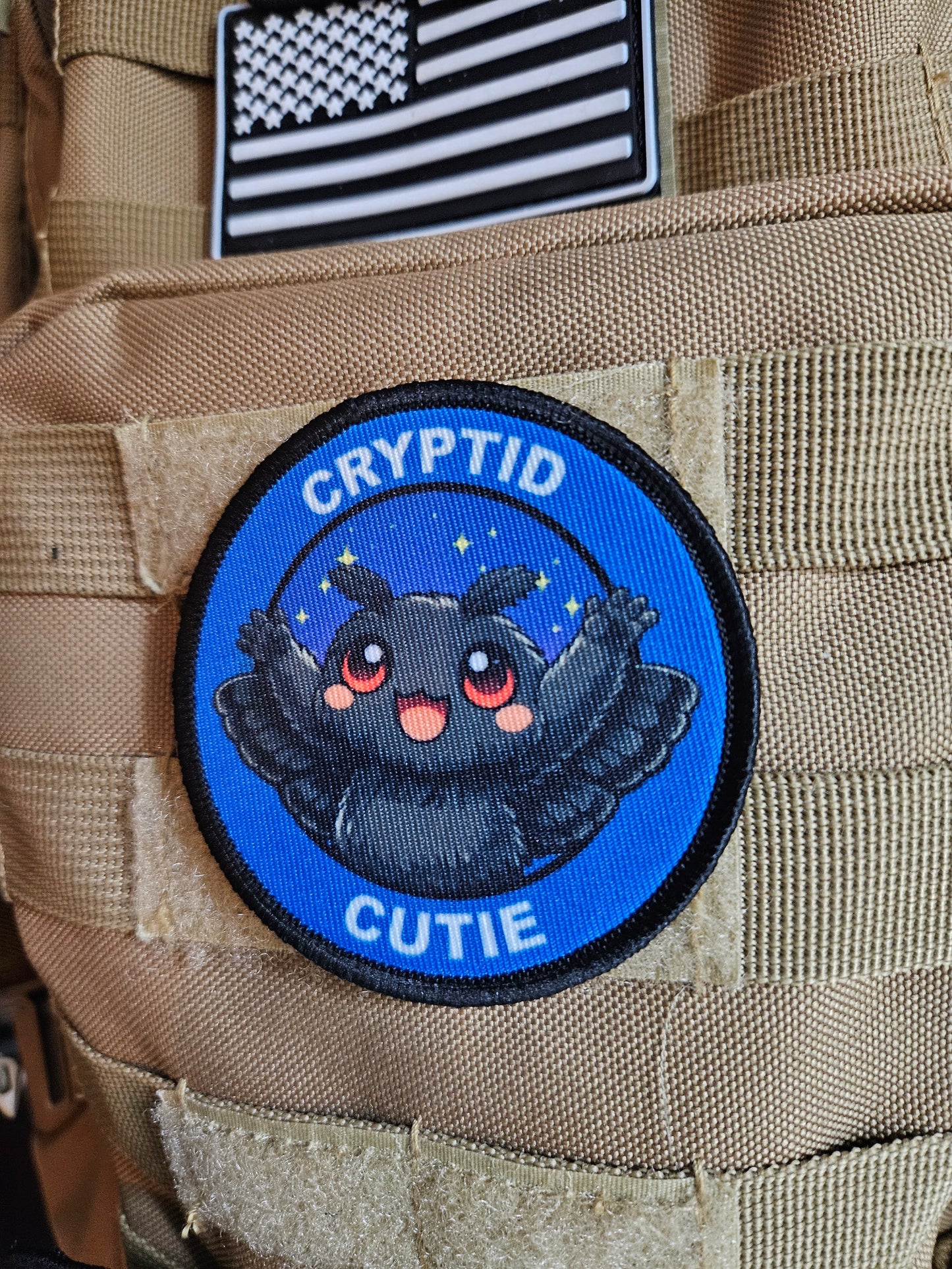Cryptid cutie mothman meme 3" circle removable morale patch with hook and loop backing