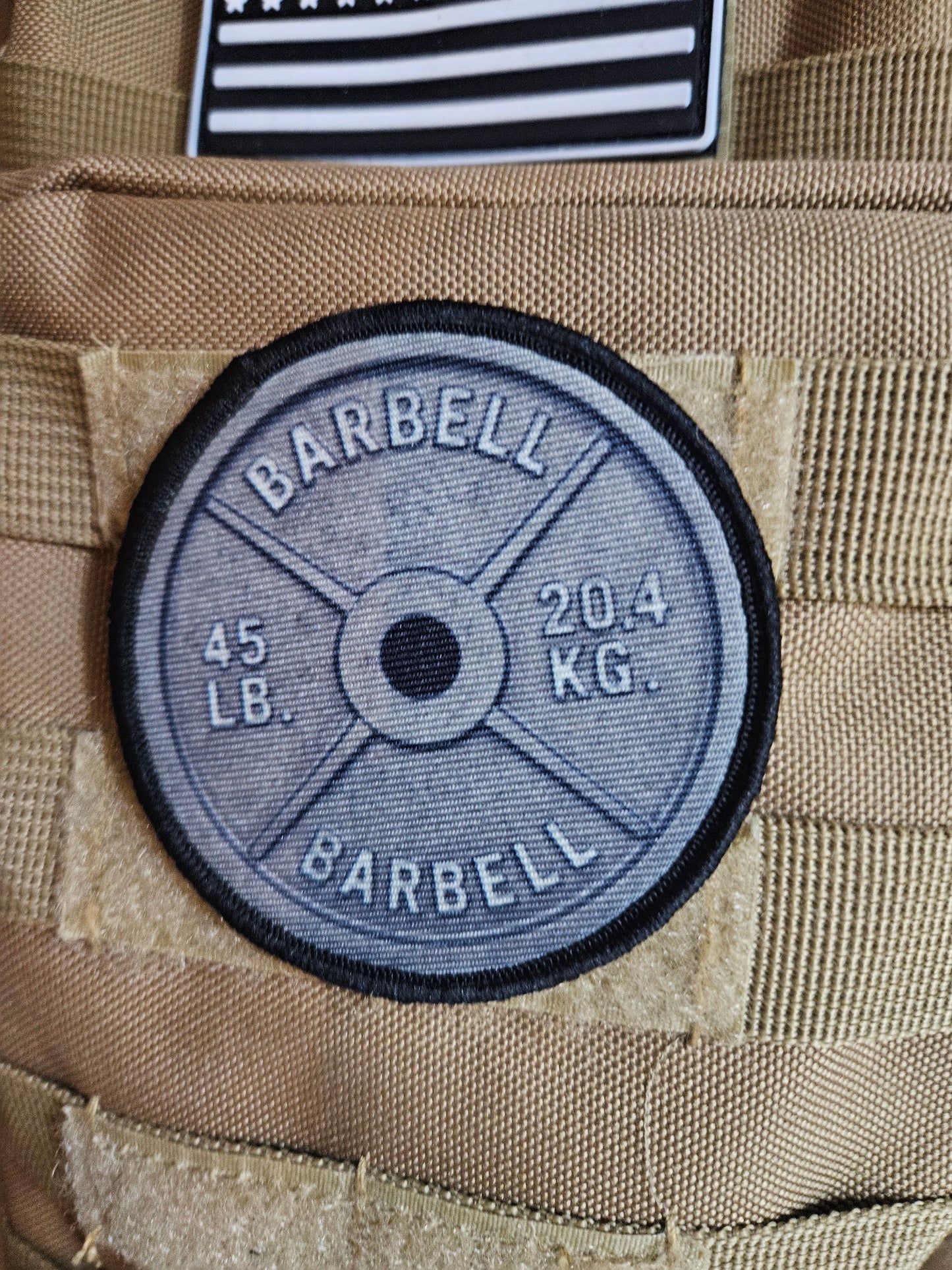 45 pound barbell plate fitness 3" circle morale patch with hook and loop backing