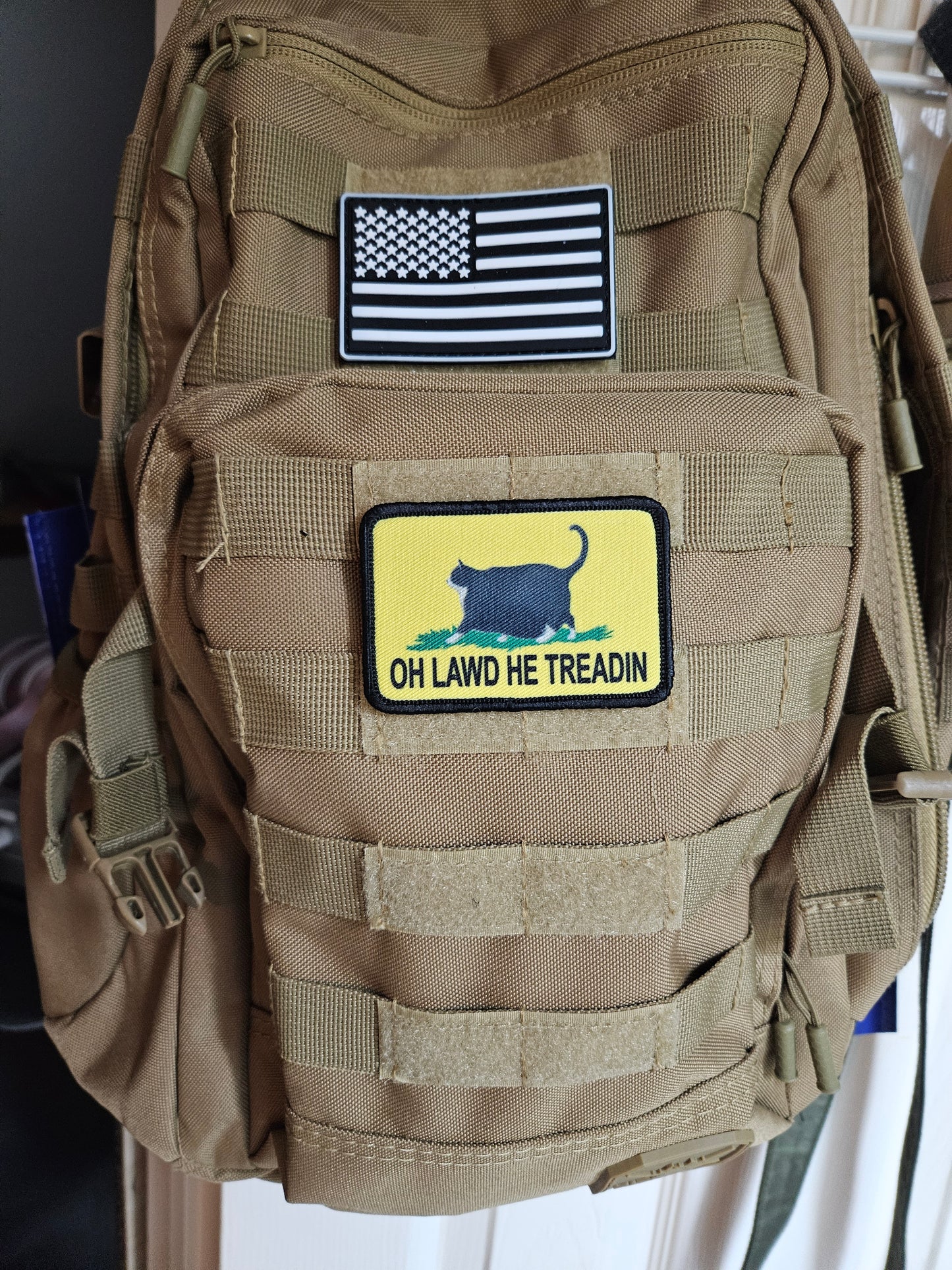 Oh lawd he treadin Gadsden flag tuxedo fat cat meme 2"x3" removable morale patch with hook and loop backing