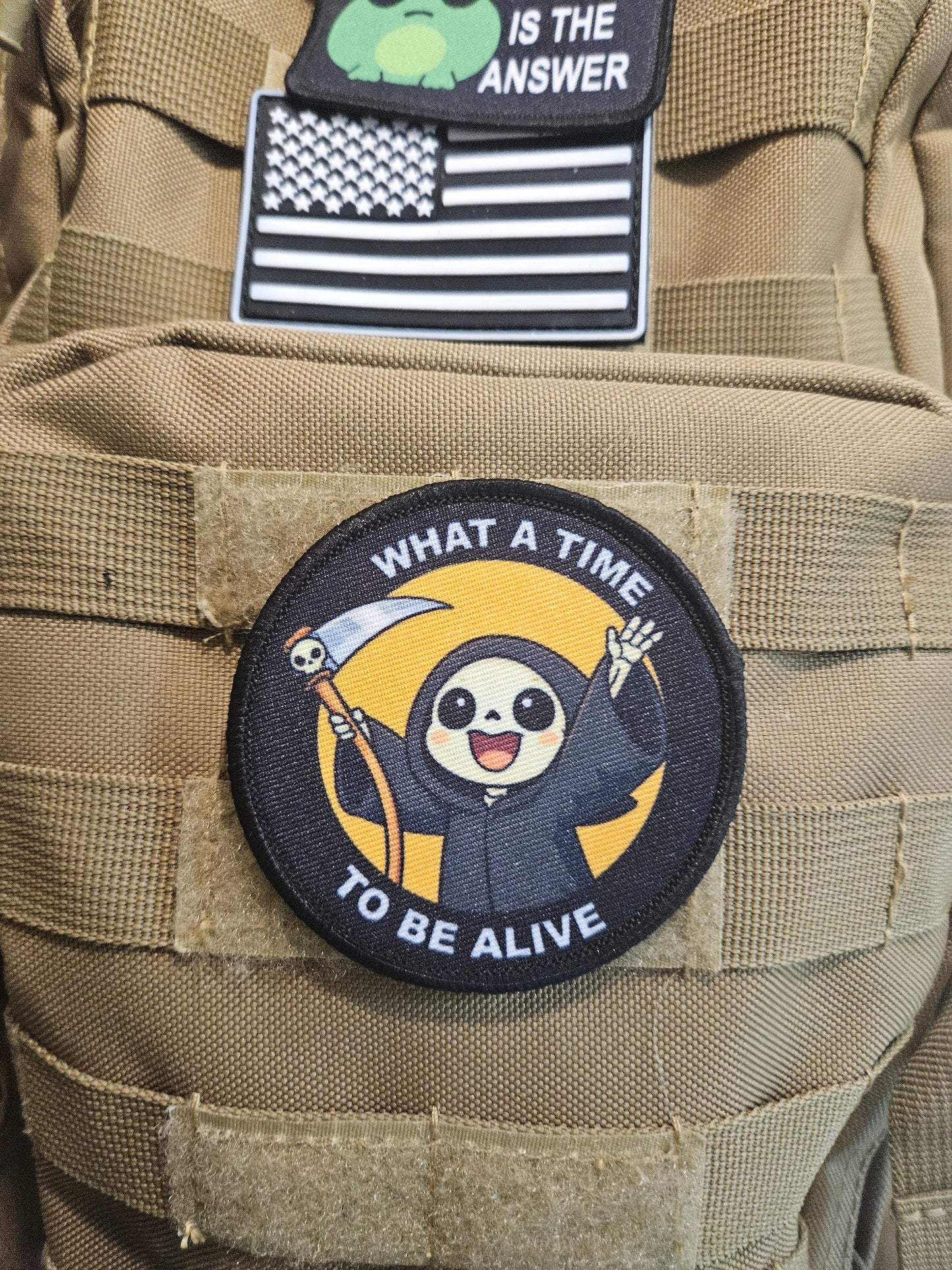 What a time to be alive grim reaper meme 3" circle removable morale patch with hook and loop backing