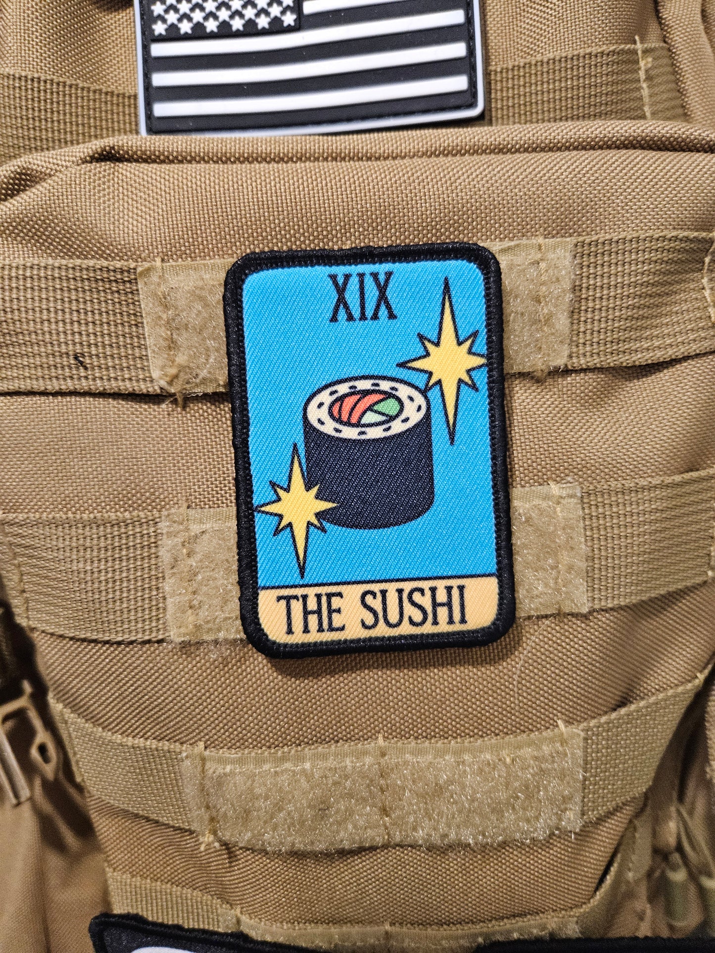 the sushi tarot card funny meme 2"x3" morale patch with hook and loop backing education