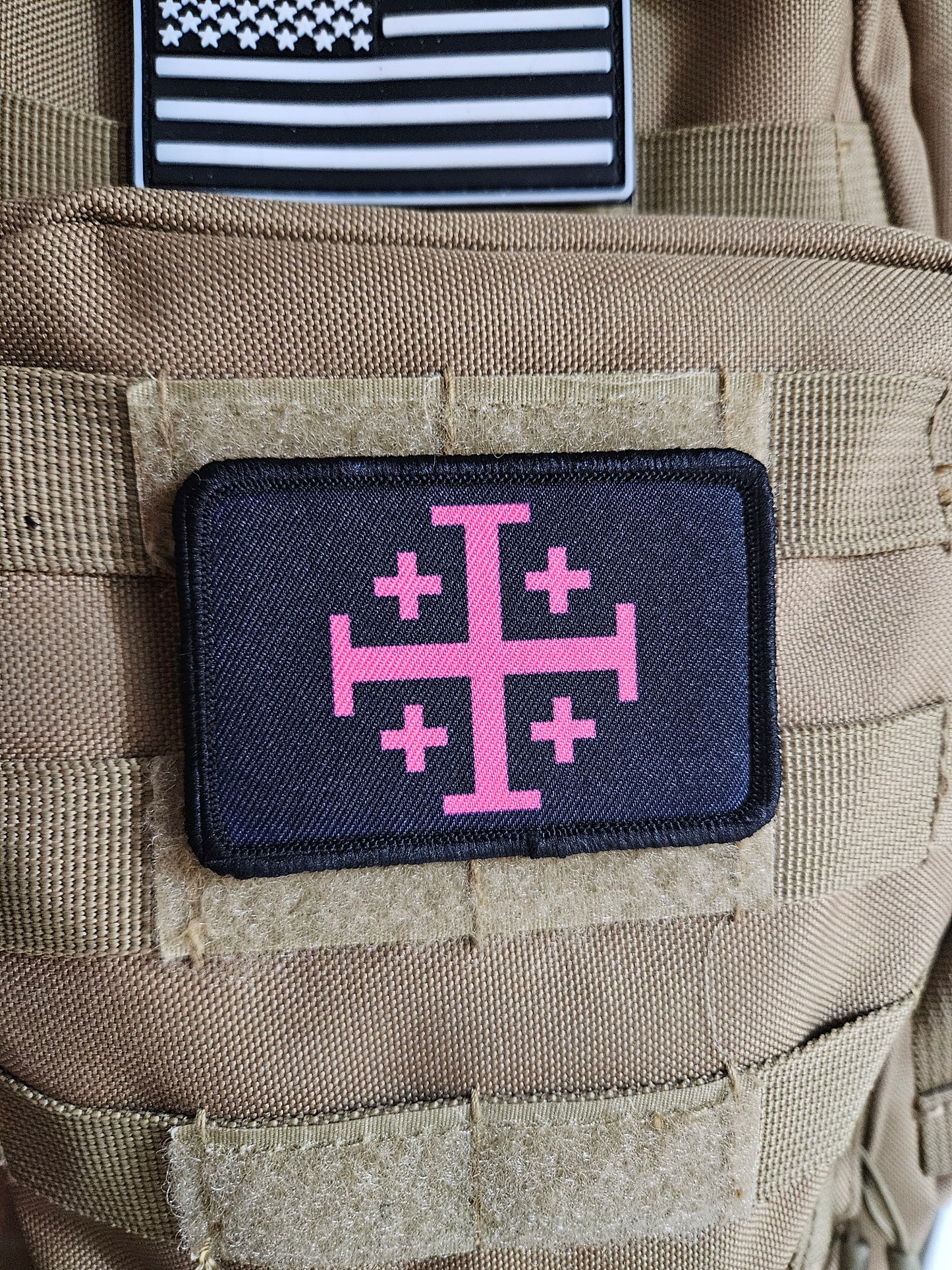 Jerusalem Cross  pink on black 2"x3" removable morale patch with hook and loop backing