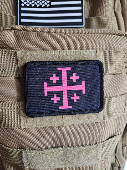 Jerusalem Cross  pink on black 2"x3" removable morale patch with hook and loop backing