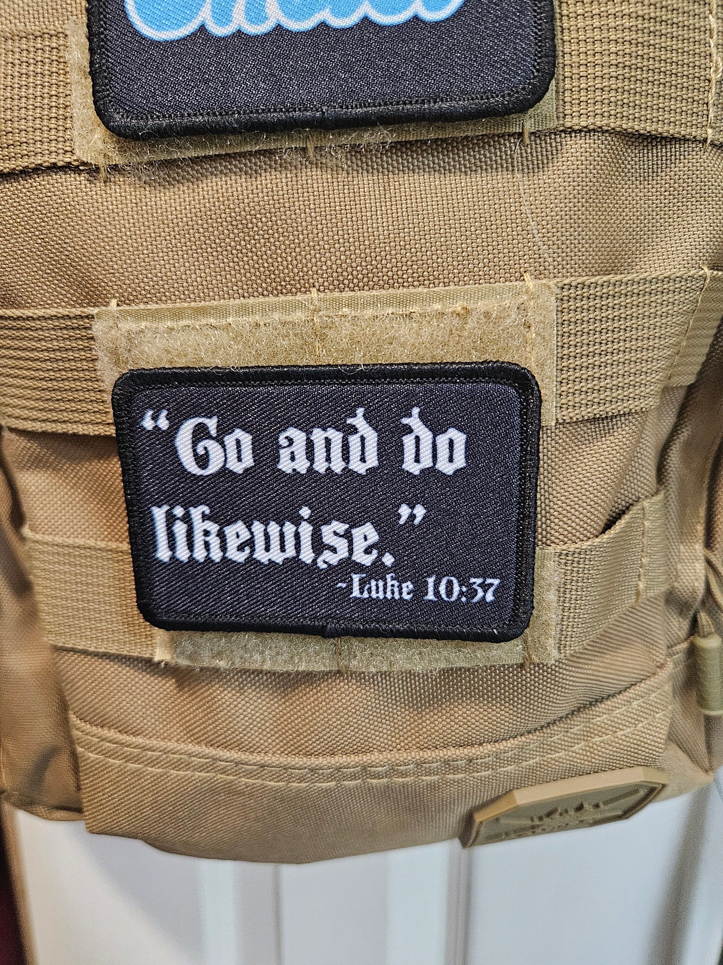 Go and do likewise Luke 10:37 bible verse 2"x3" removable morale patch with hook and loop backing