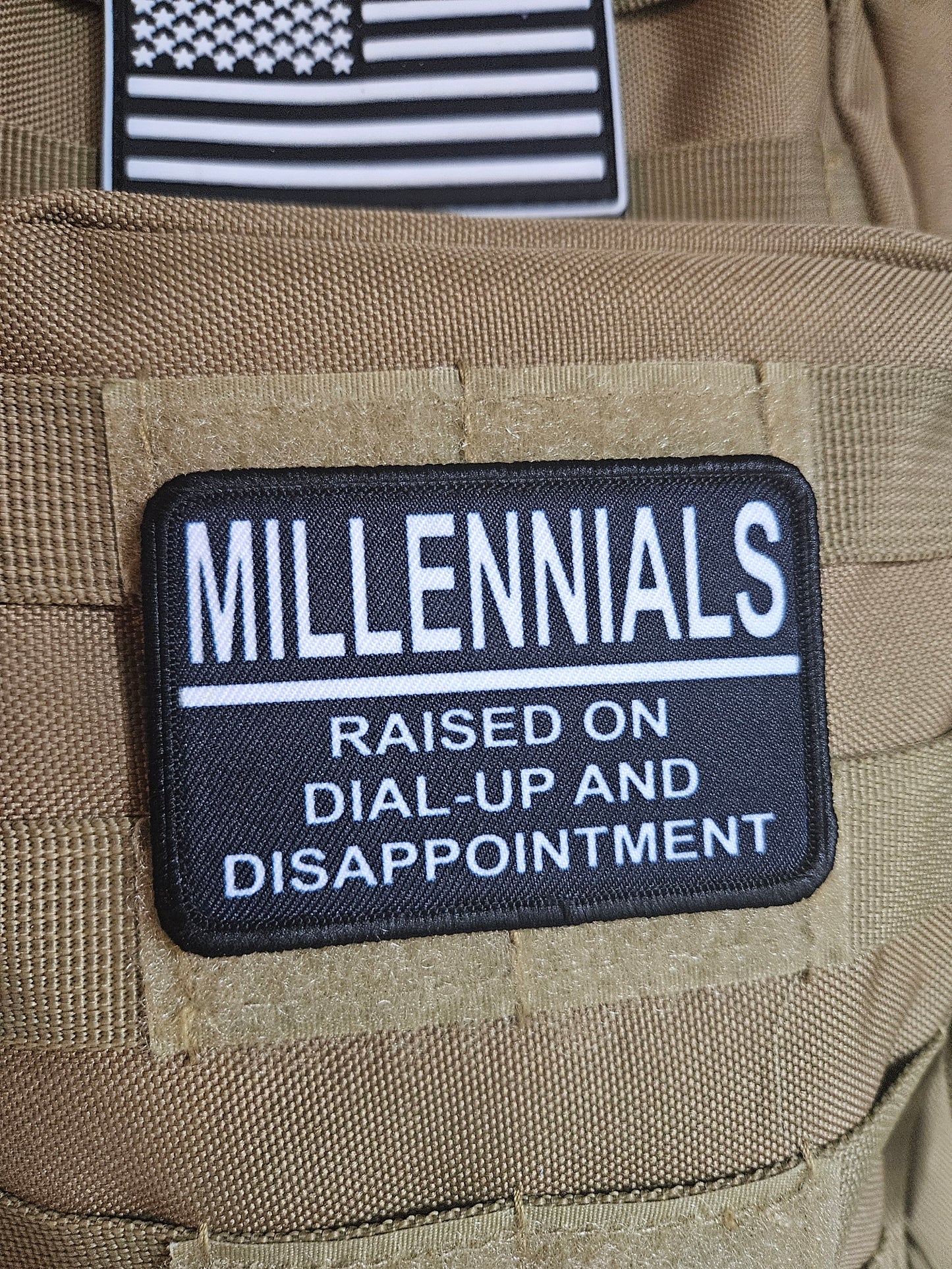 Millennials raised on dial up and disappointment. meme 2"x3" morale patch with hook and loop backing