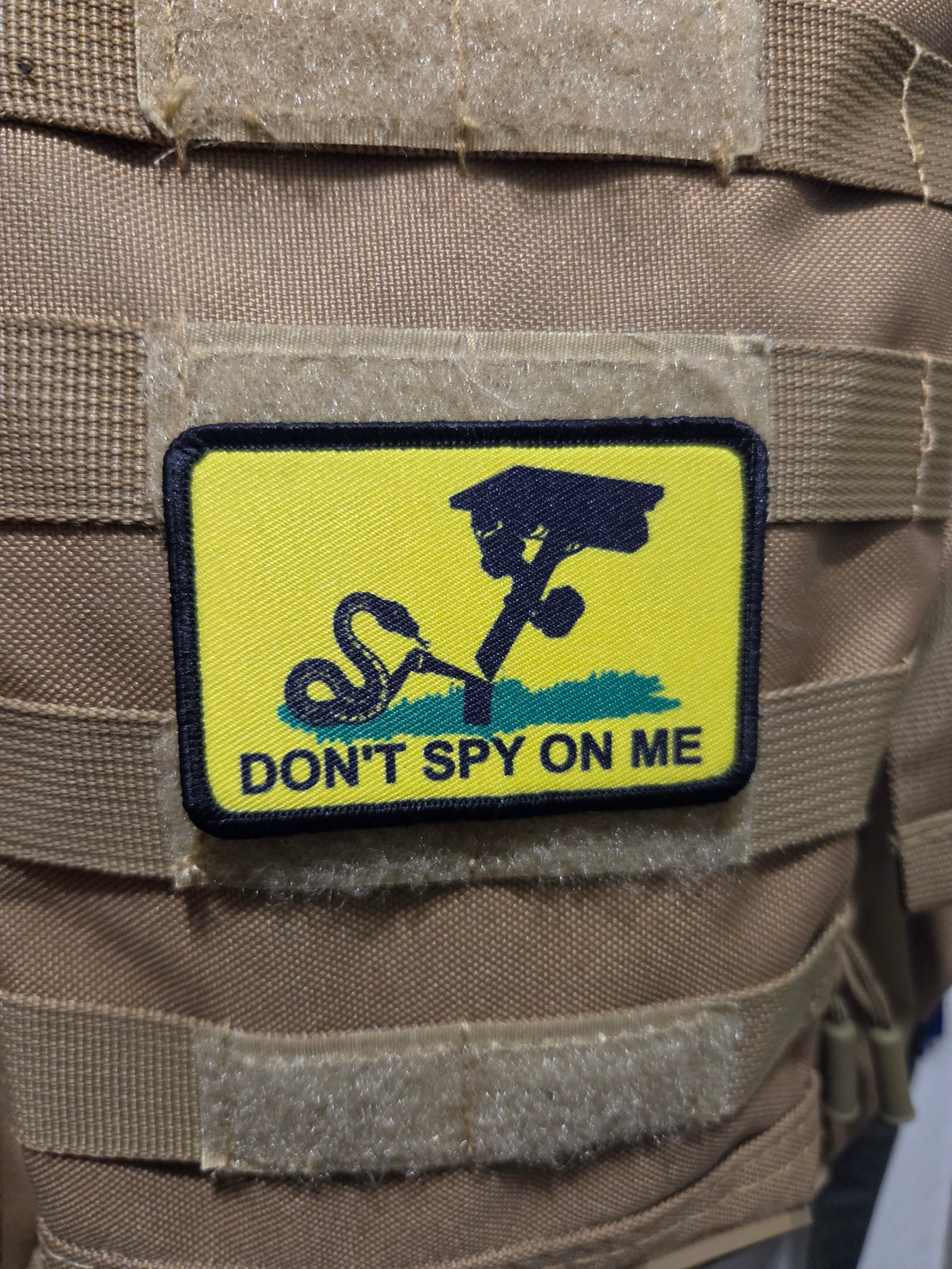 dont spy on me camera snake meme 2"x3" removable morale patch with hook and loop backing