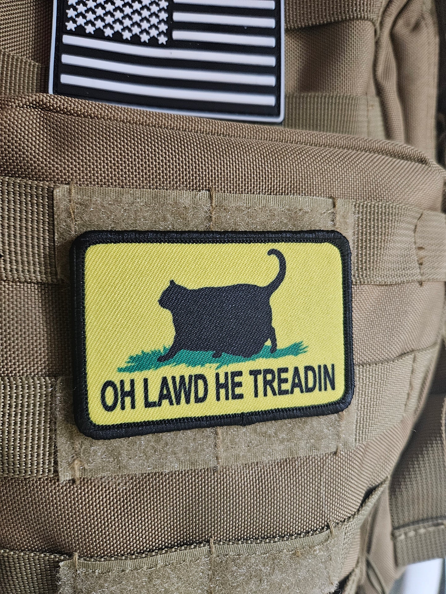 Black Oh lawd he treadin Gadsden flag meme 2"x3" removable morale patch with hook and loop backing