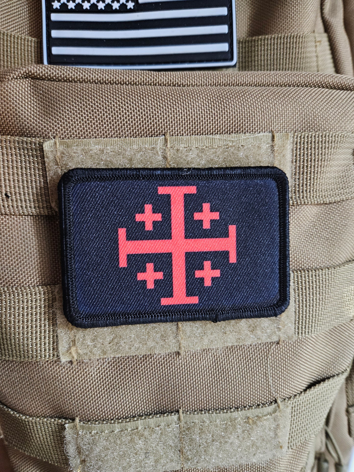 Red Jerusalem Cross  red on black 2"x3" removable morale patch with hook and loop backing