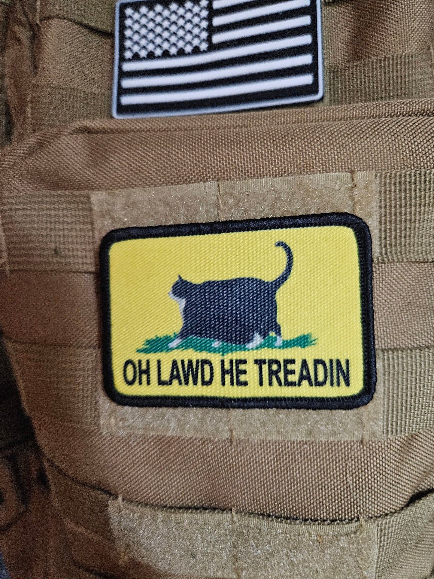 Oh lawd he treadin Gadsden flag tuxedo fat cat meme 2"x3" removable morale patch with hook and loop backing