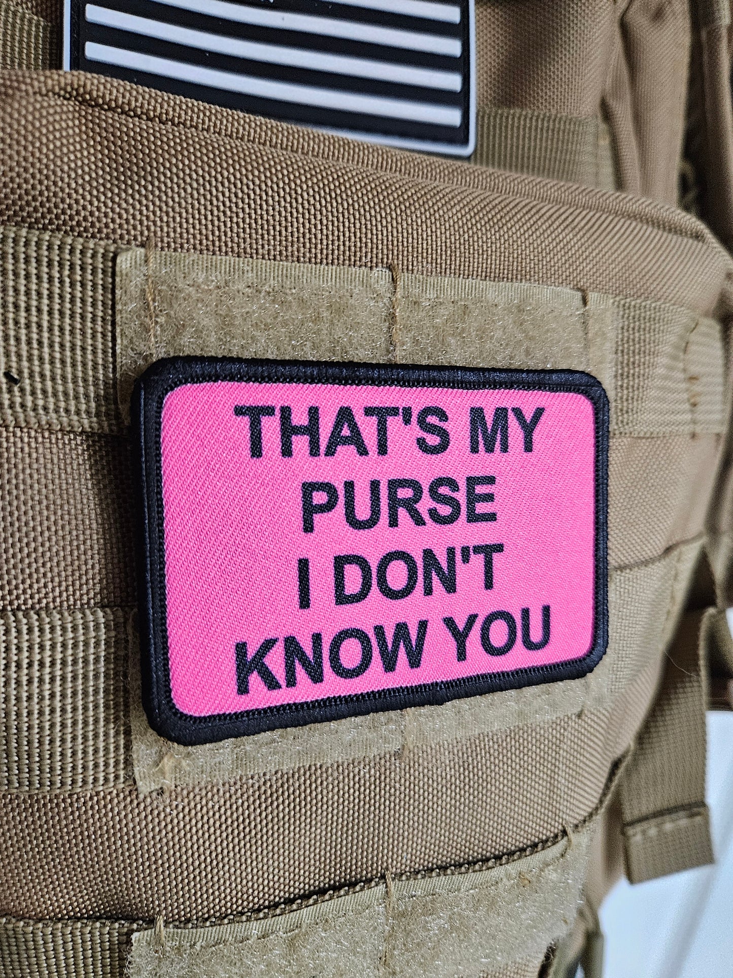 that's My Purse I don't Know you meme lol 2"x3" morale patch with hook and loop backing pink