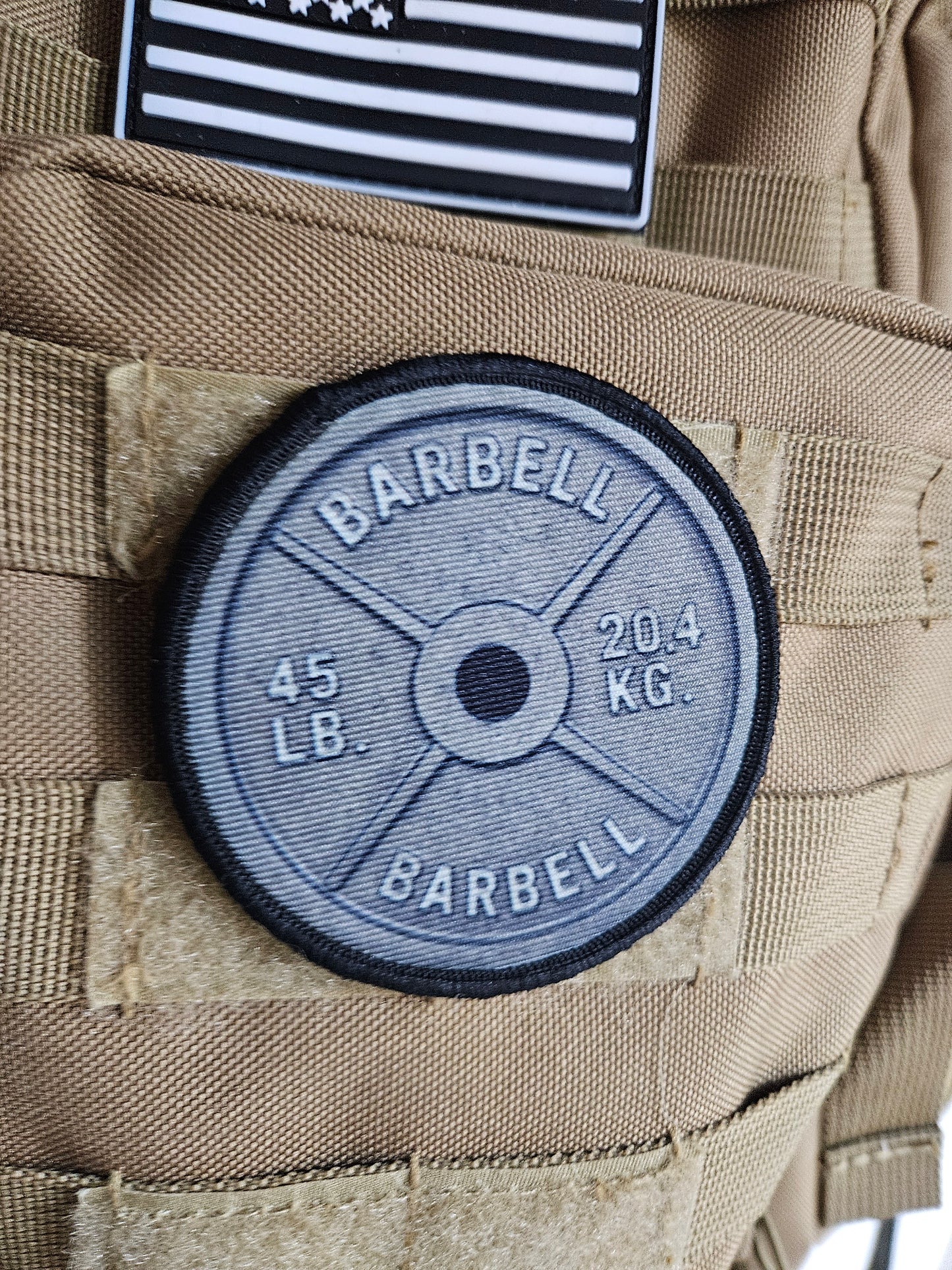 45 pound barbell plate fitness 3" circle morale patch with hook and loop backing