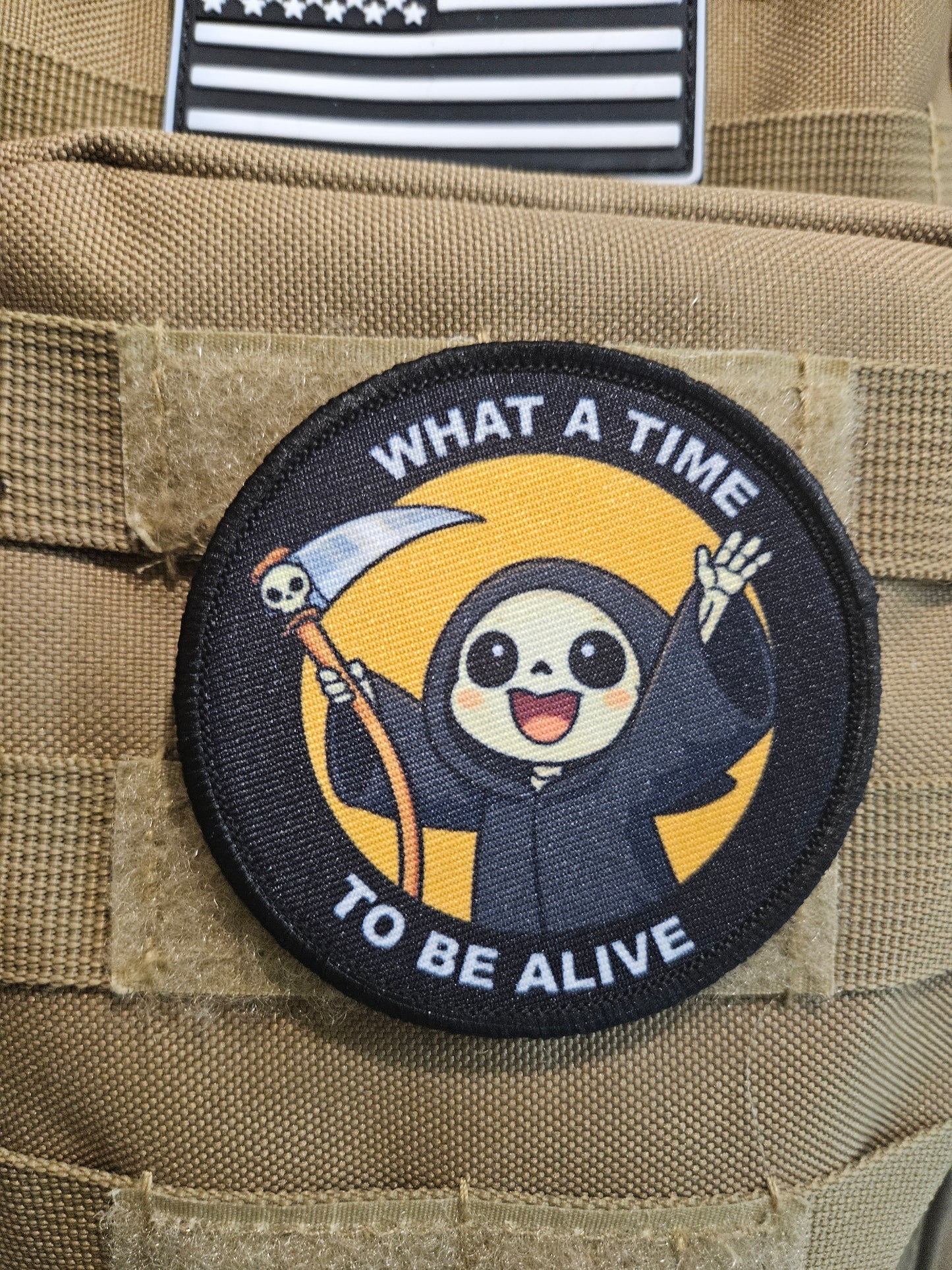 What a time to be alive grim reaper meme 3" circle removable morale patch with hook and loop backing