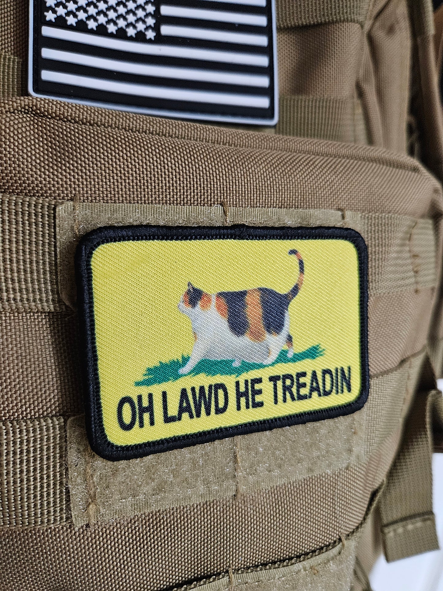 Oh lawd he treadin Gadsden flag calico fat cat meme 2"x3" removable morale patch with hook and loop backing
