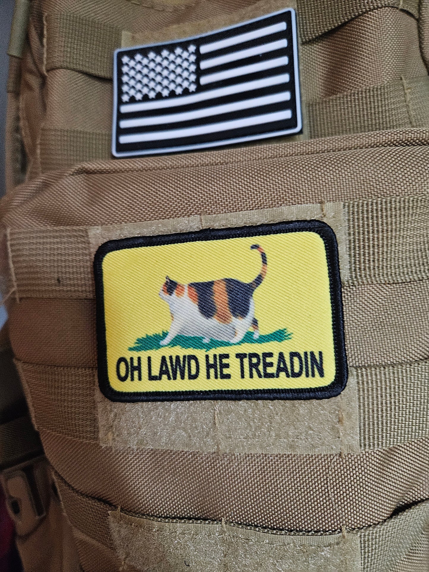 Oh lawd he treadin Gadsden flag calico fat cat meme 2"x3" removable morale patch with hook and loop backing