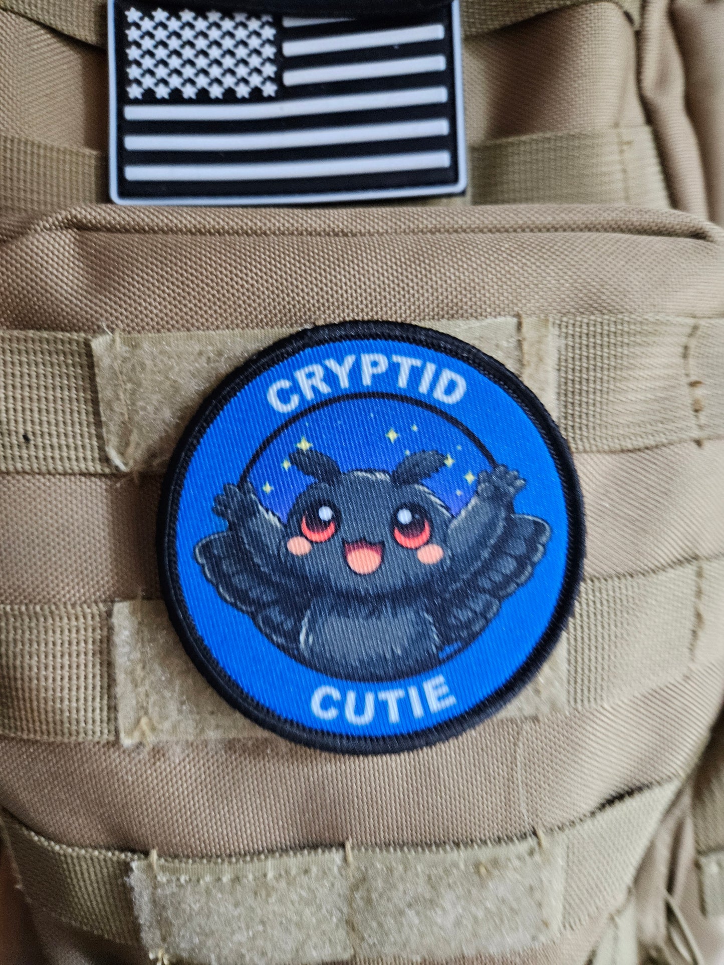 Cryptid cutie mothman meme 3" circle removable morale patch with hook and loop backing
