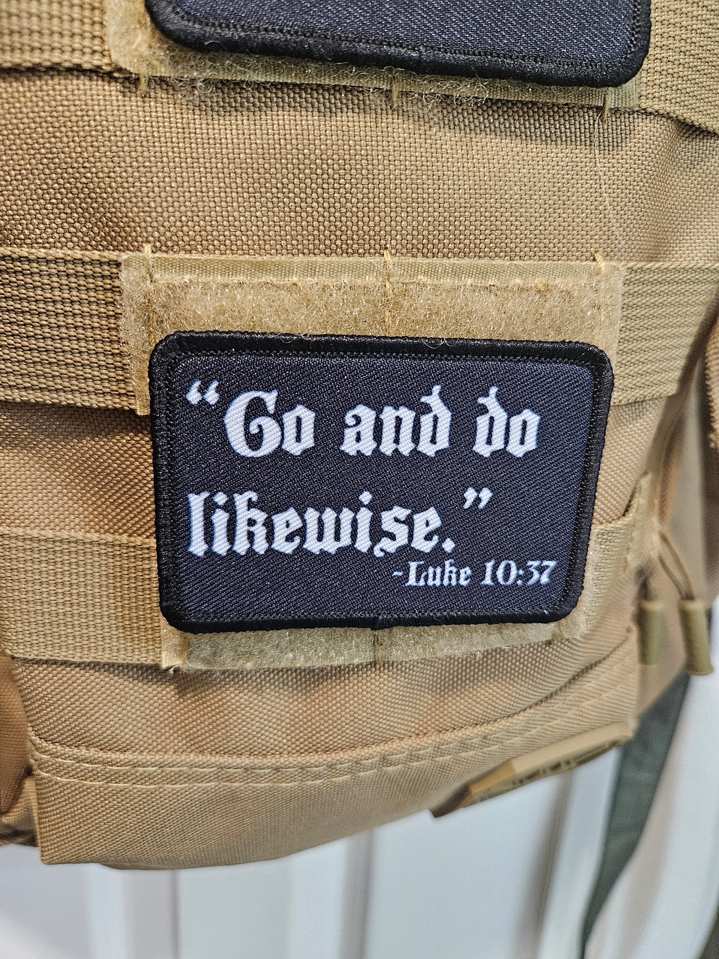 Go and do likewise Luke 10:37 bible verse 2"x3" removable morale patch with hook and loop backing