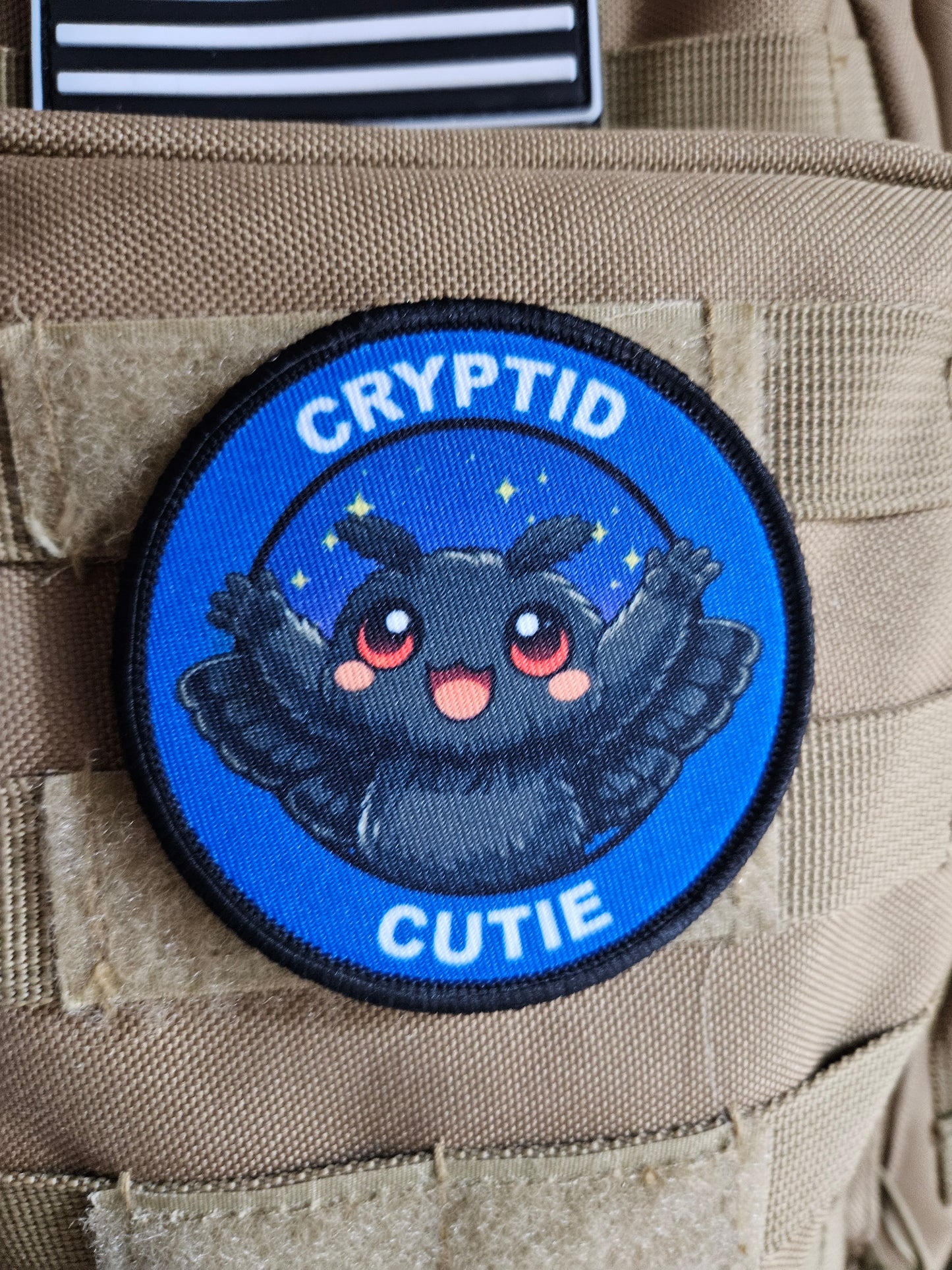 Cryptid cutie mothman meme 3" circle removable morale patch with hook and loop backing