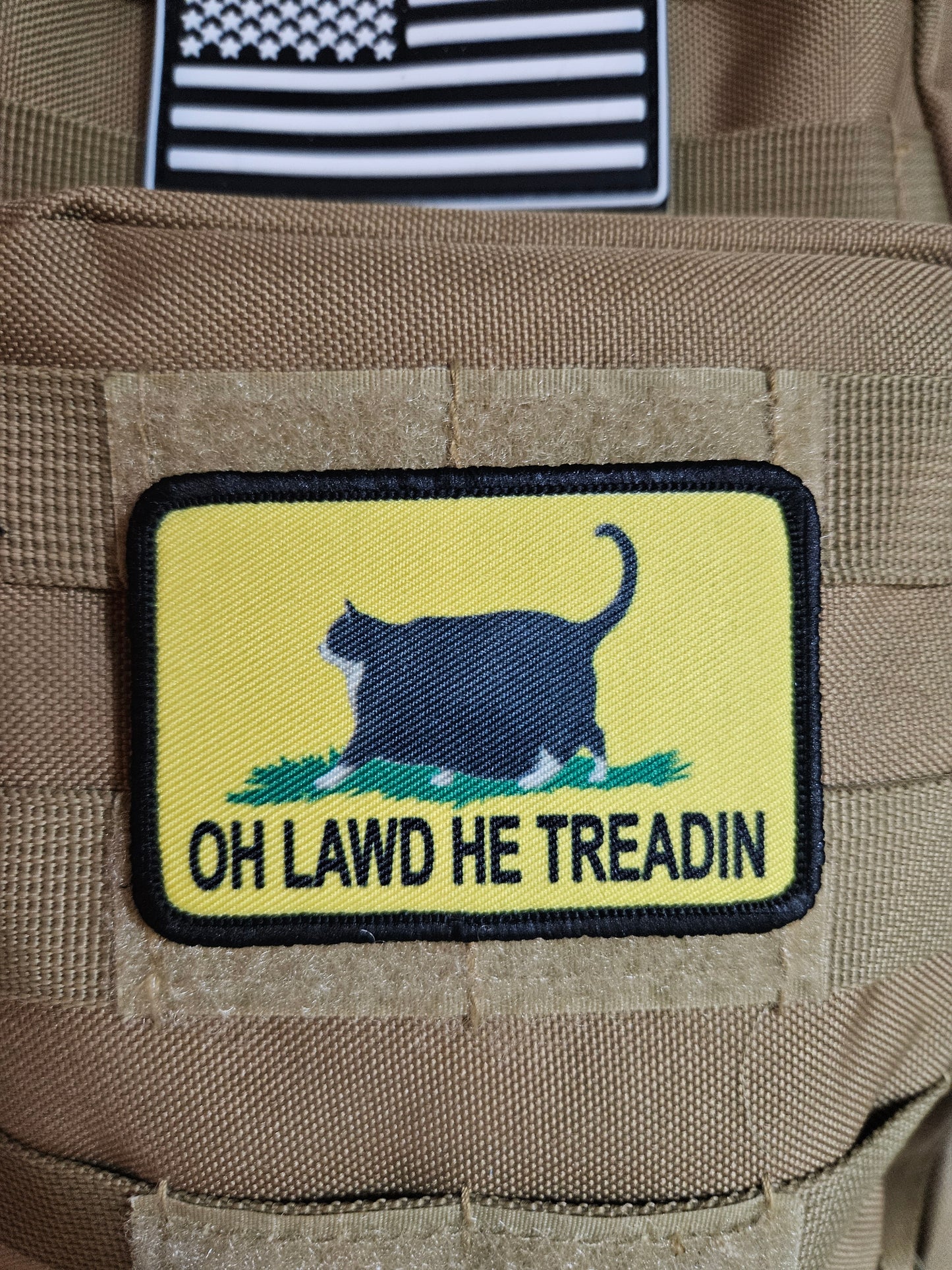 Oh lawd he treadin Gadsden flag tuxedo fat cat meme 2"x3" removable morale patch with hook and loop backing