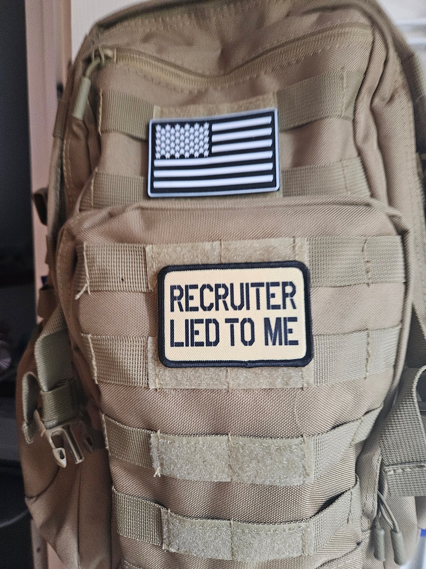 Recruiter lied to me military meme 2x3 inch removable morale patch with hook and loop backing