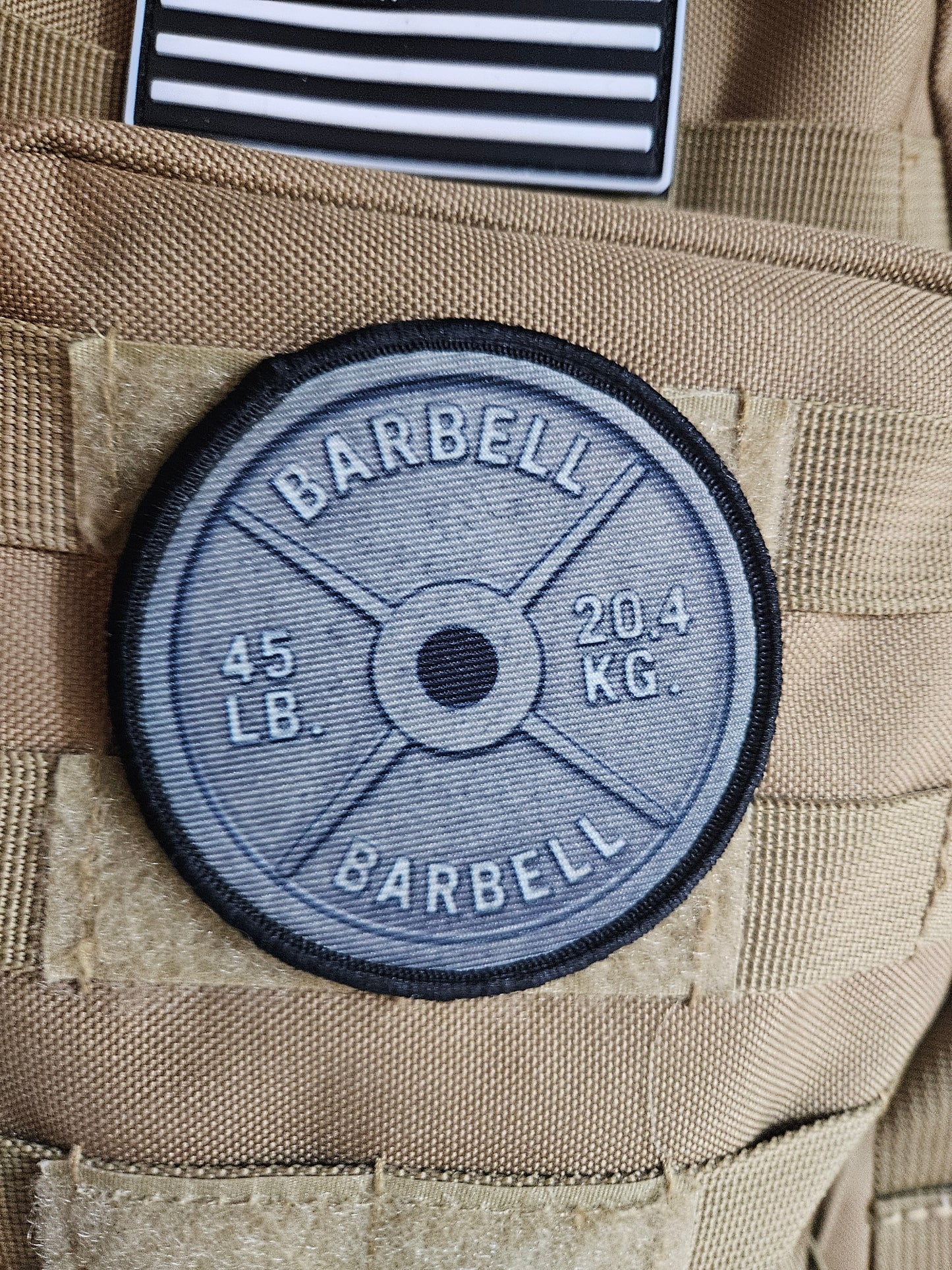 45 pound barbell plate fitness 3" circle morale patch with hook and loop backing