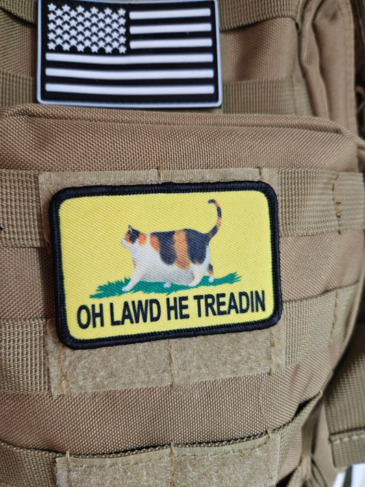 Oh lawd he treadin Gadsden flag calico fat cat meme 2"x3" removable morale patch with hook and loop backing