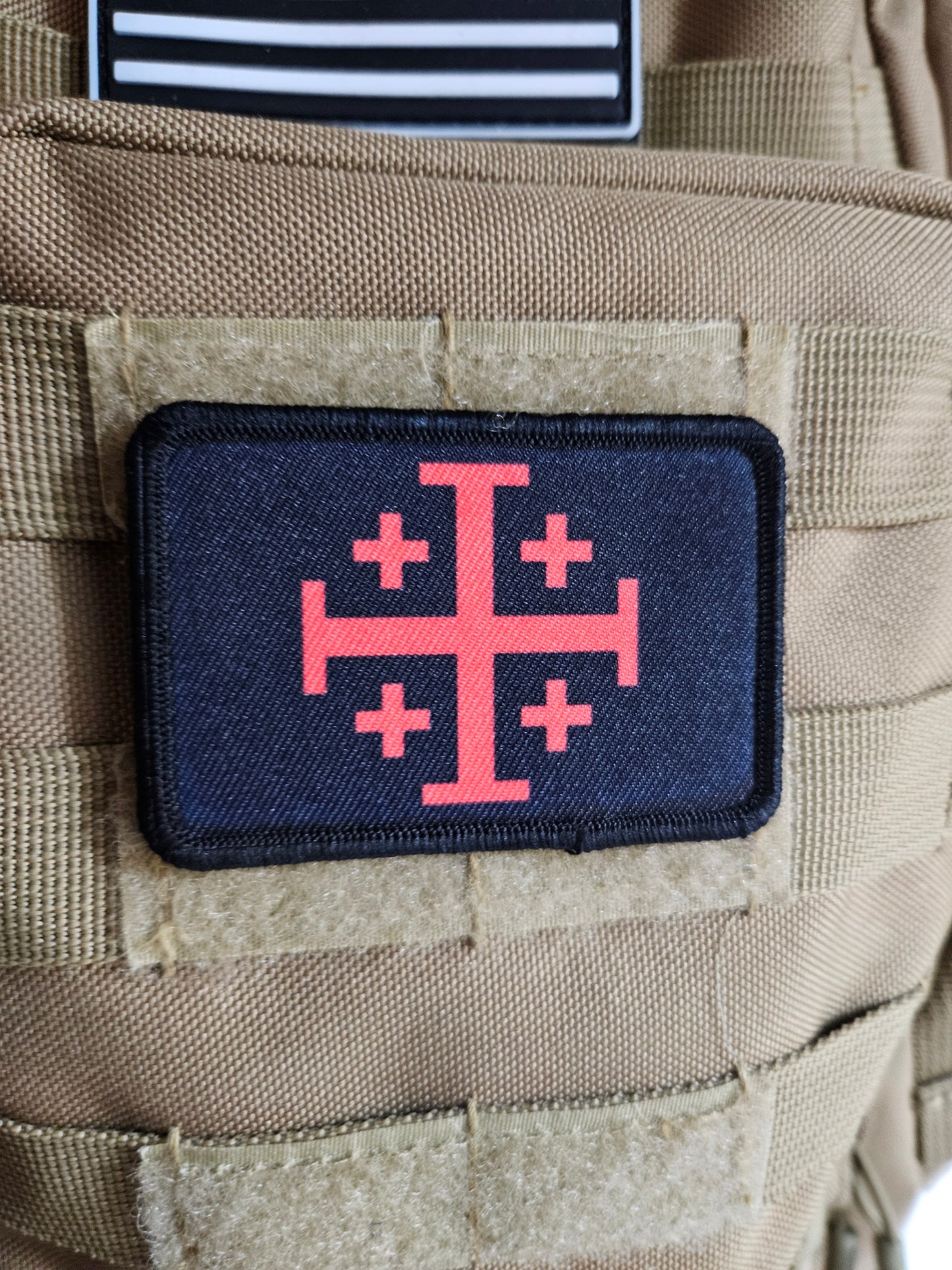 Red Jerusalem Cross  red on black 2"x3" removable morale patch with hook and loop backing