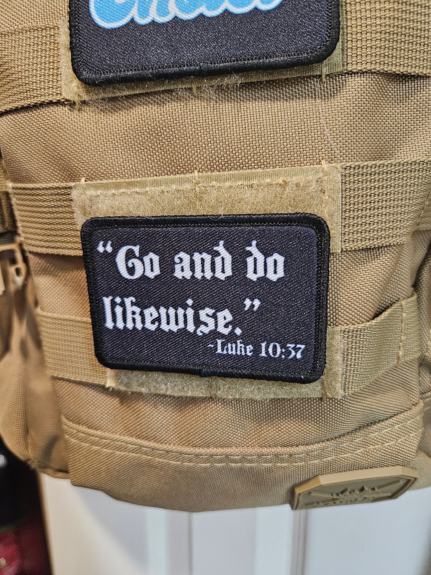 Go and do likewise Luke 10:37 bible verse 2"x3" removable morale patch with hook and loop backing