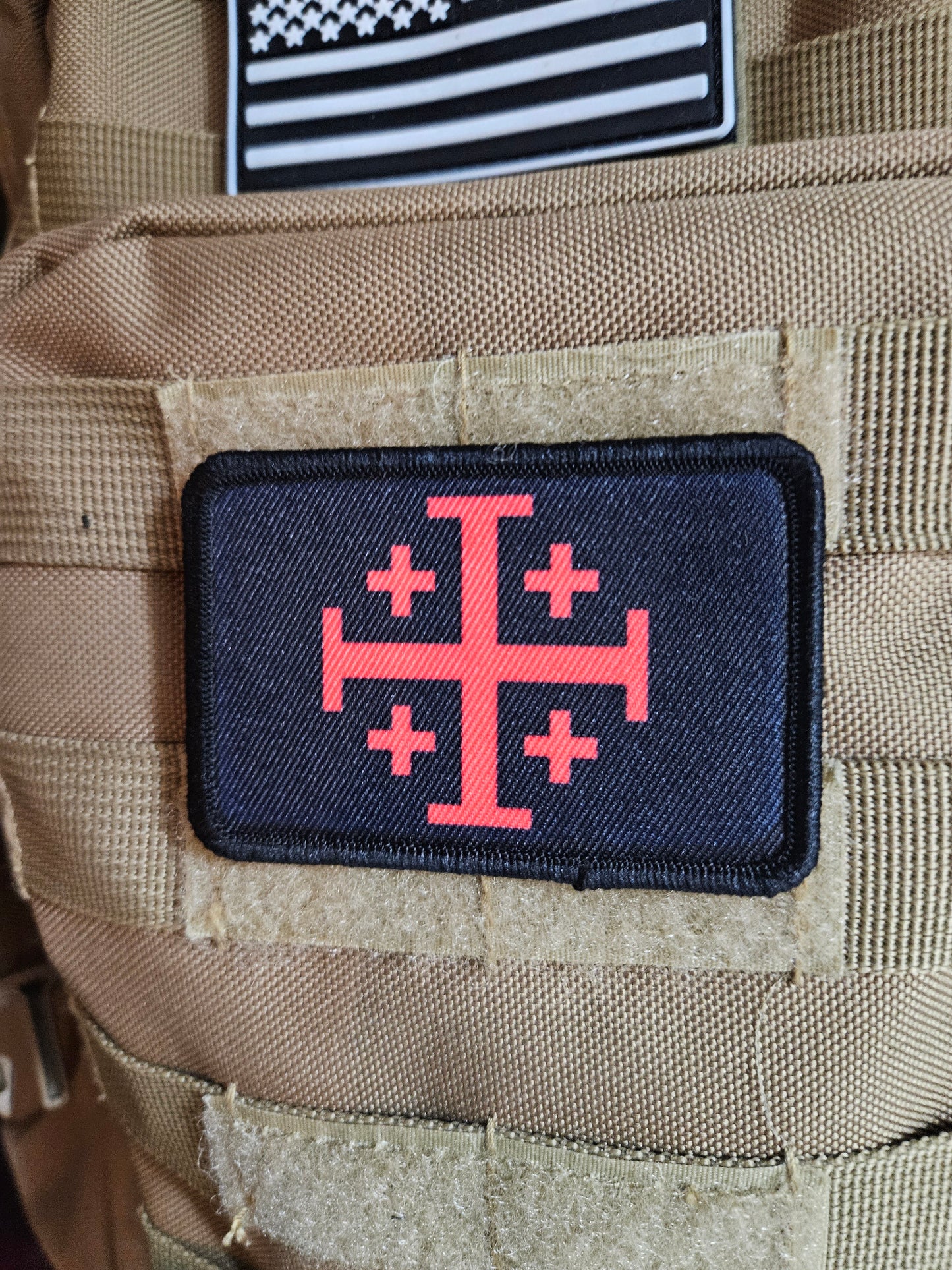 Red Jerusalem Cross  red on black 2"x3" removable morale patch with hook and loop backing