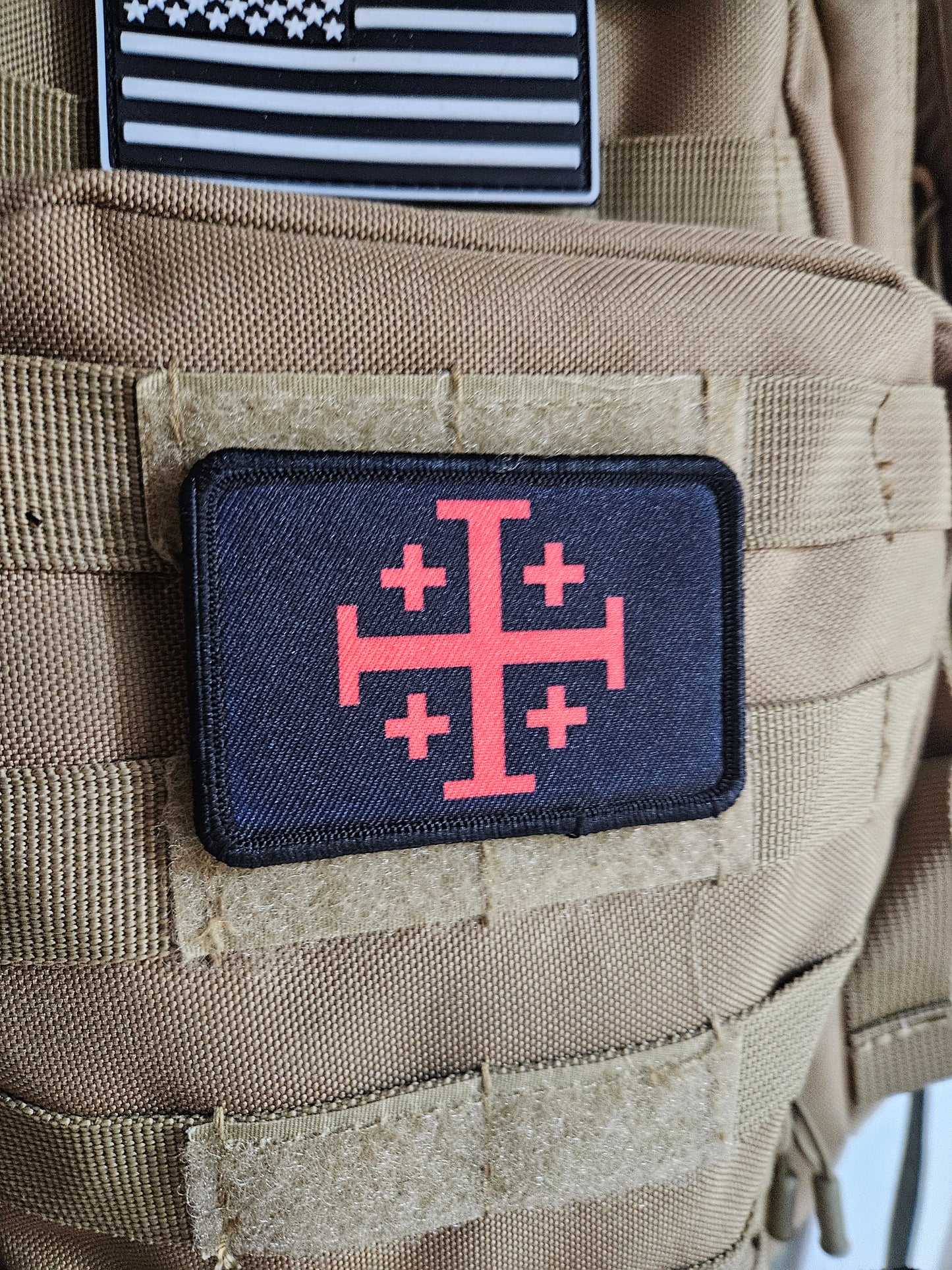 Red Jerusalem Cross  red on black 2"x3" removable morale patch with hook and loop backing
