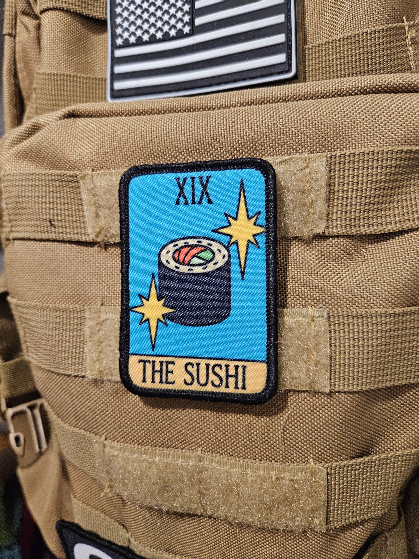 the sushi tarot card funny meme 2"x3" morale patch with hook and loop backing education
