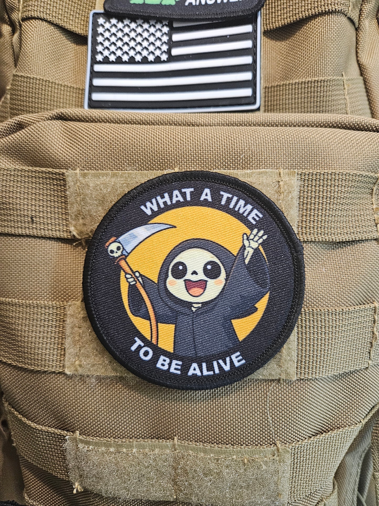 What a time to be alive grim reaper meme 3" circle removable morale patch with hook and loop backing