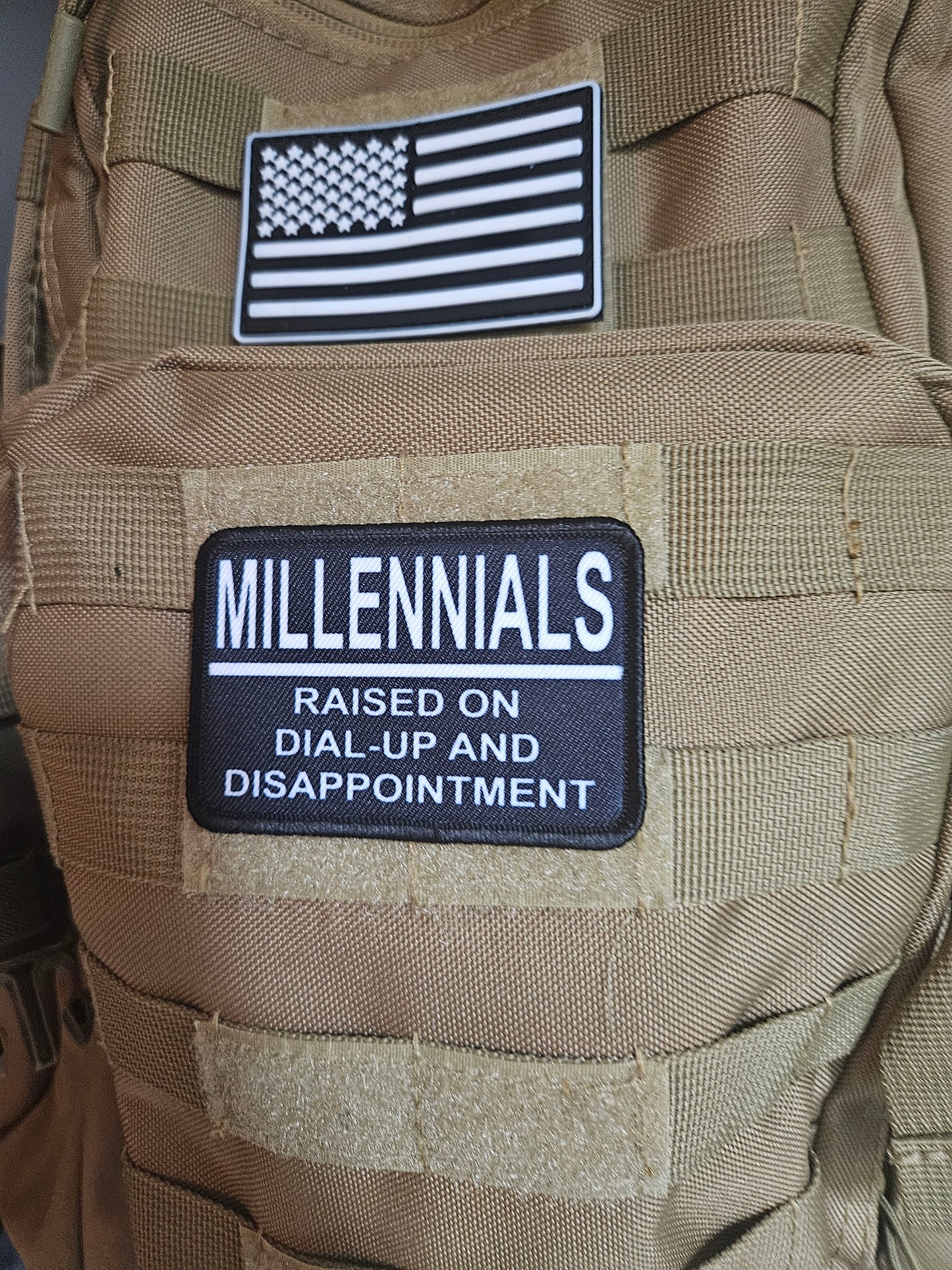 Millennials raised on dial up and disappointment. meme 2"x3" morale patch with hook and loop backing