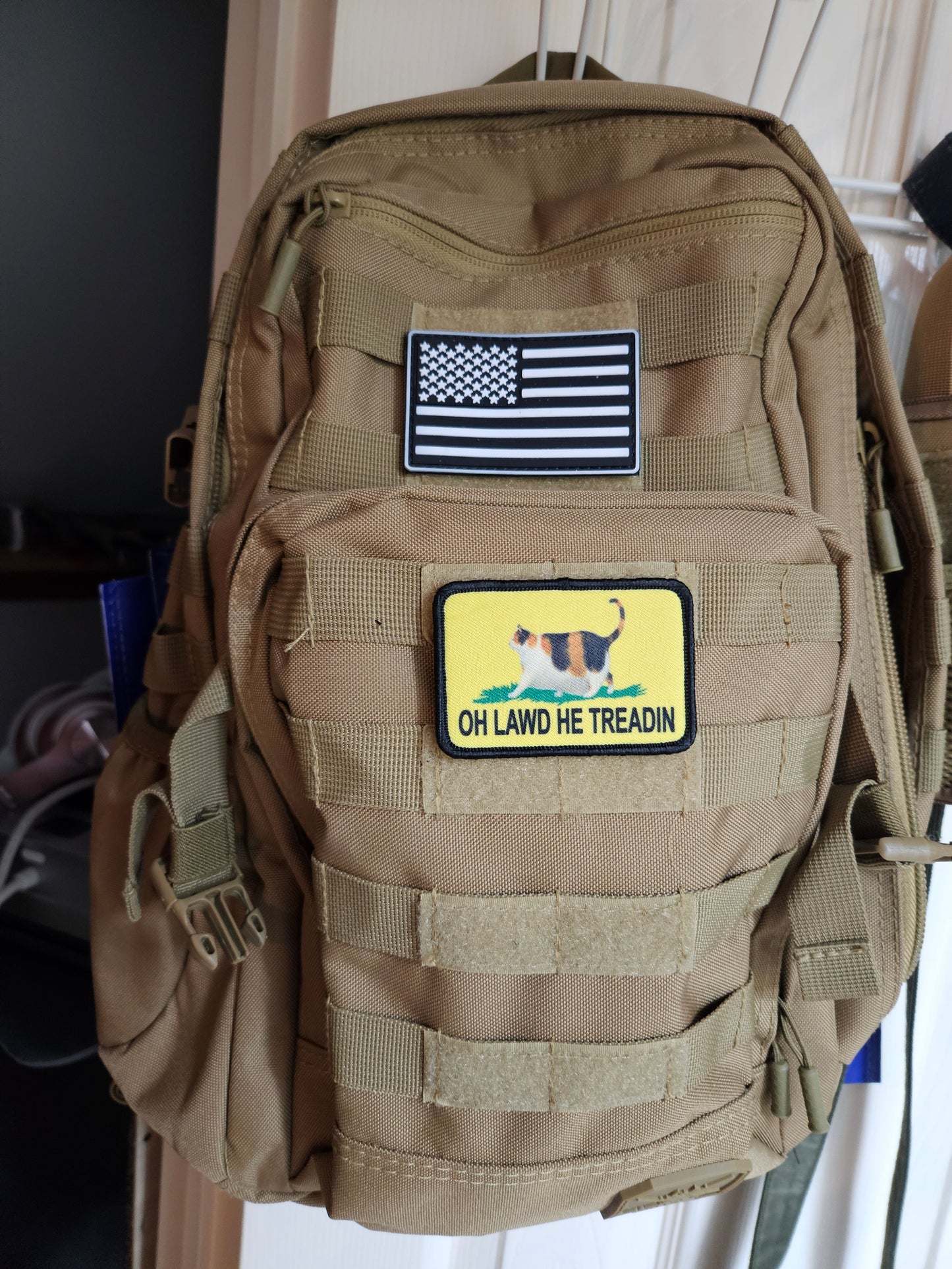 Oh lawd he treadin Gadsden flag calico fat cat meme 2"x3" removable morale patch with hook and loop backing