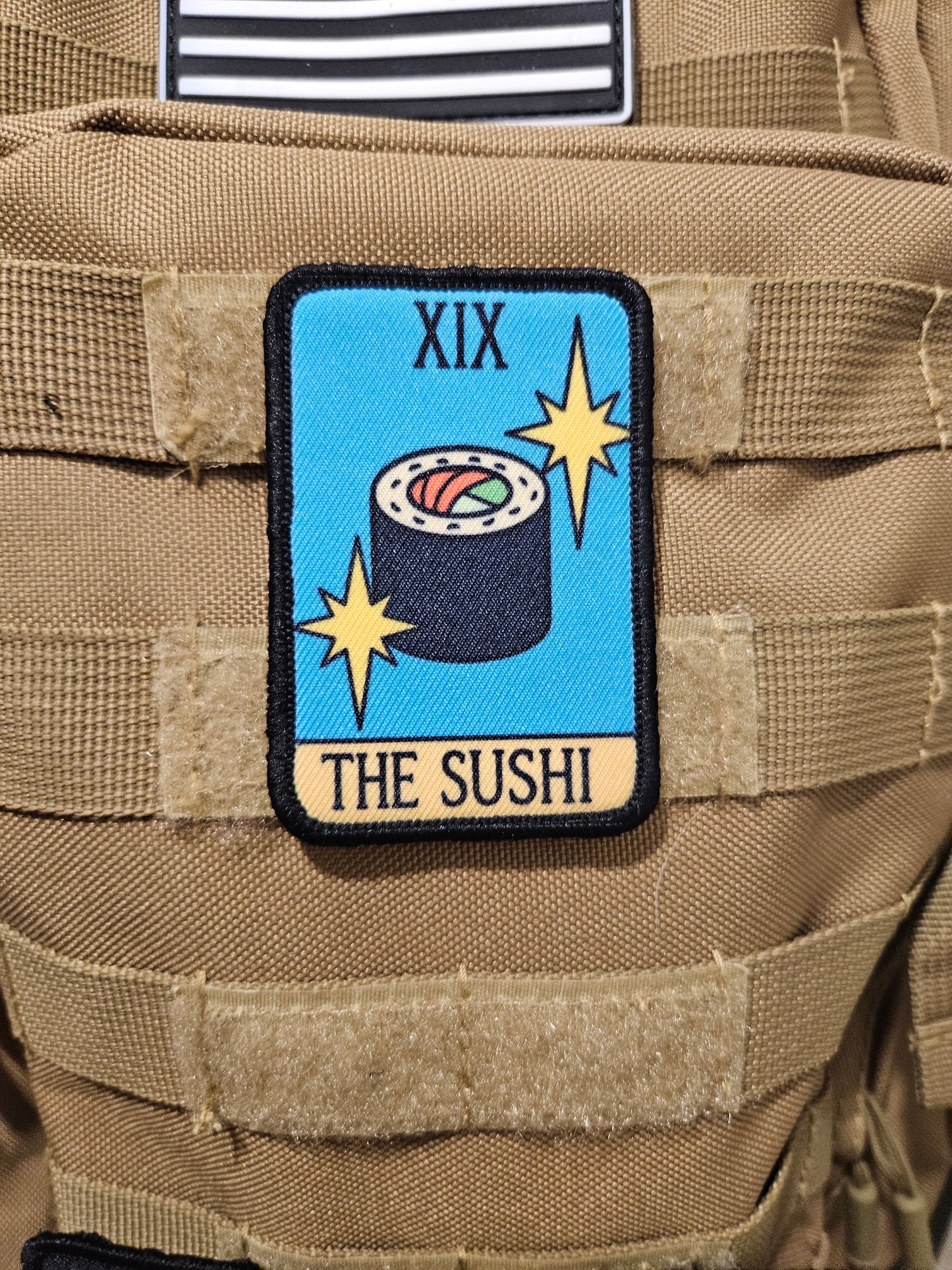 the sushi tarot card funny meme 2"x3" morale patch with hook and loop backing education