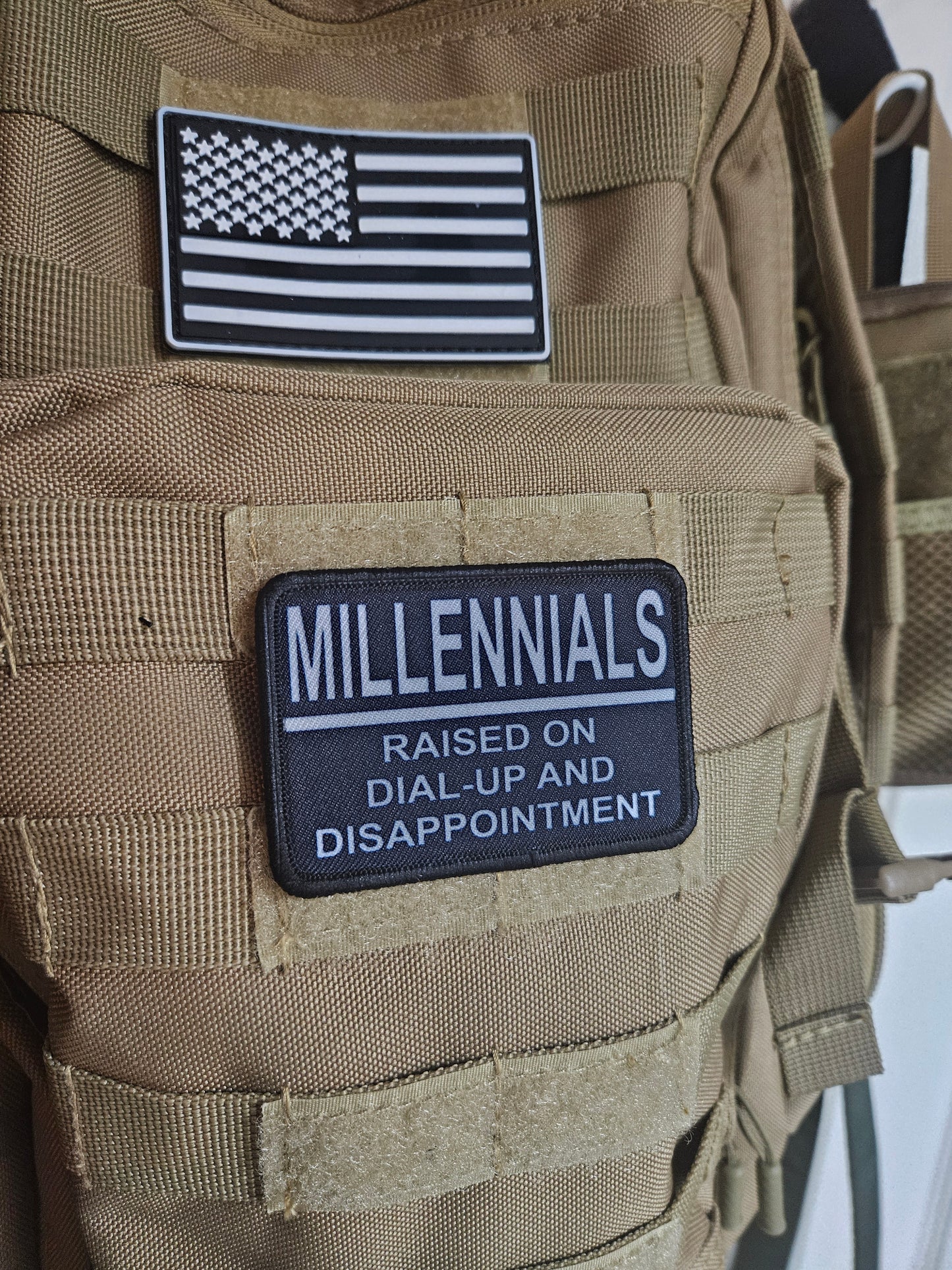 Millennials raised on dial up and disappointment. meme 2"x3" morale patch with hook and loop backing