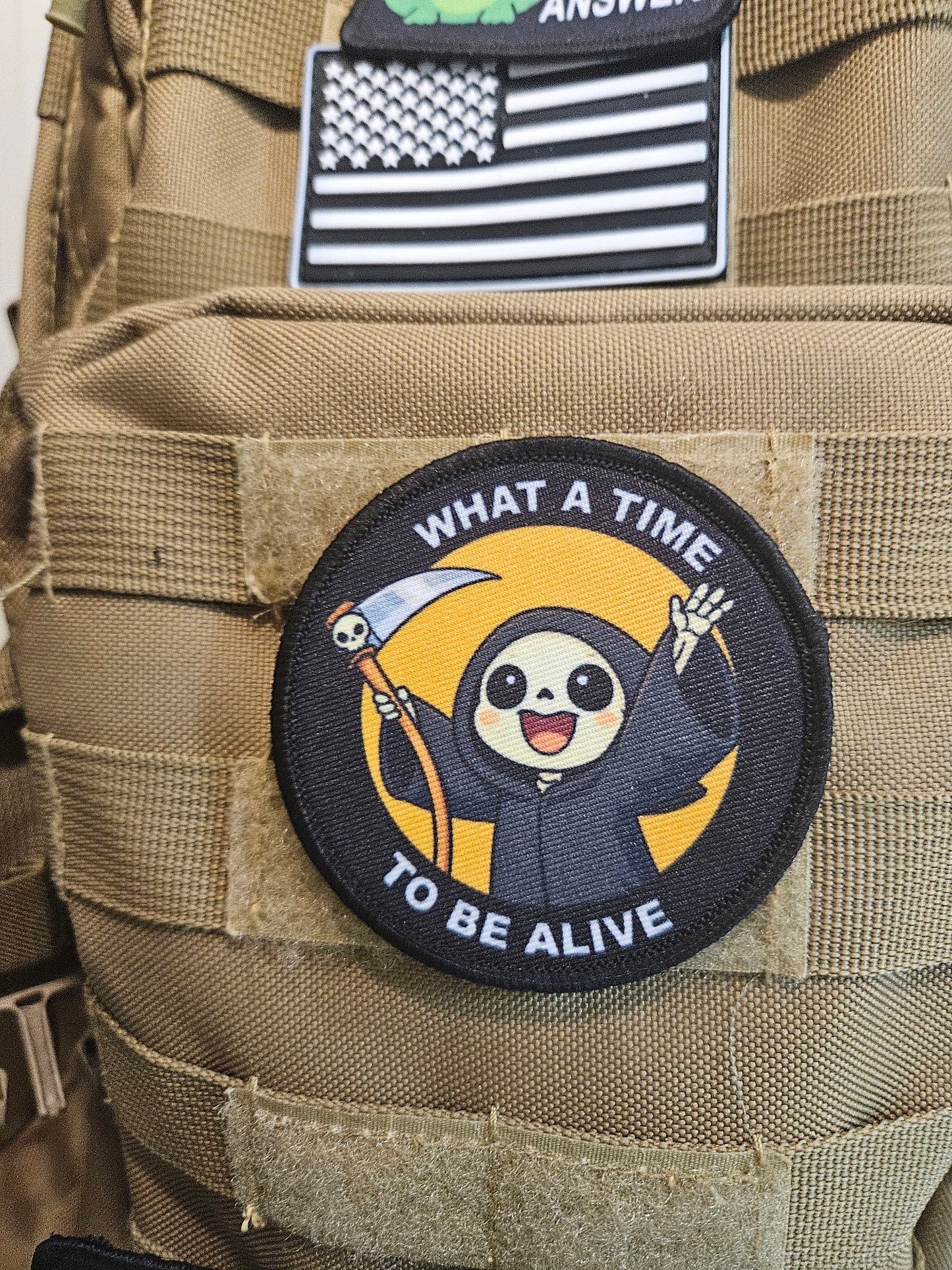 What a time to be alive grim reaper meme 3" circle removable morale patch with hook and loop backing